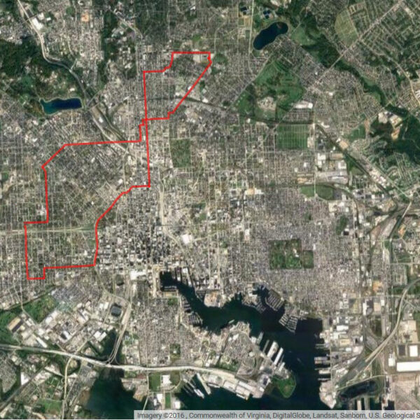 Aerial photo of Baltimore with red trace showing movement path